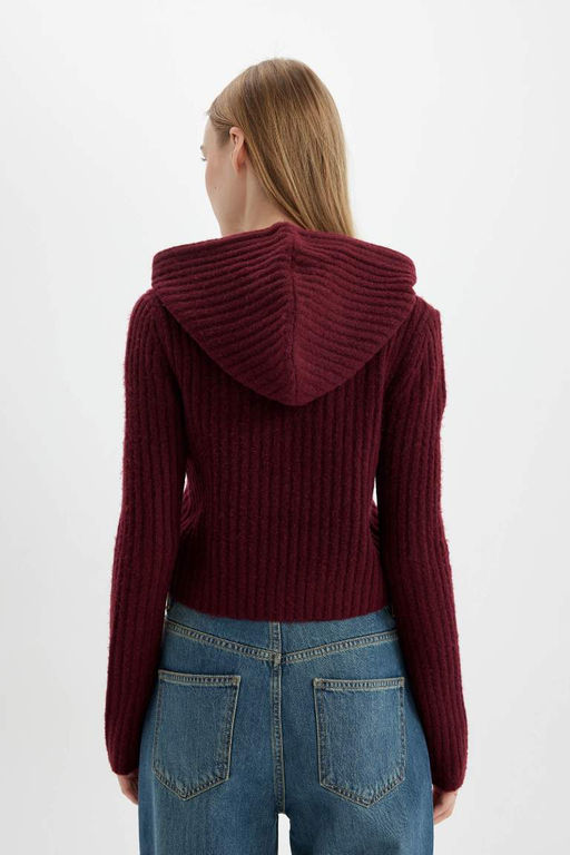 Женский однотонный укороченный трикотажный свитер обычного кроя с капюшоном - Defacto фото 6