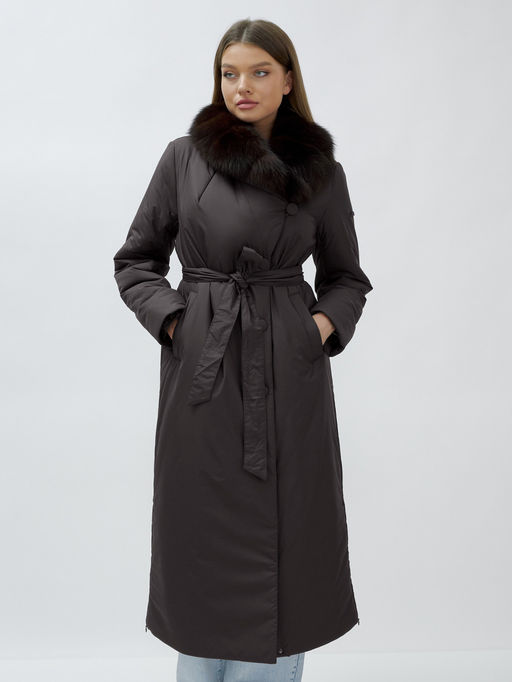 Пальто зимнее женское с мехом песец люкс класса темно-коричневого цвета 5071TK - Mtforce фото 13