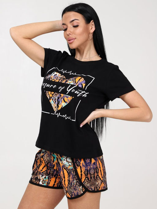 675 ПИЖАМА ЖЕНСКАЯ (шорты) (Чёрный/рыжий (змея)) - А-дина фото 4