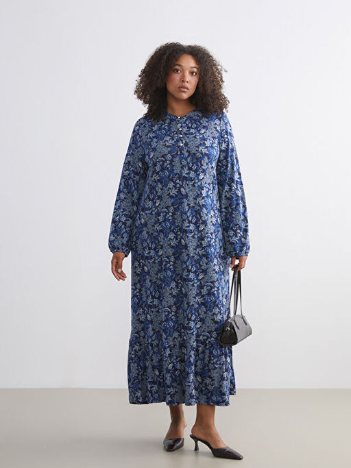 B?y?k Beden Bisiklet Yaka ?i?ekli A Kesim Elbise