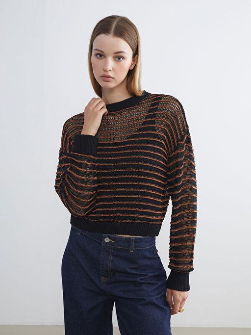 Bisiklet Yaka ?izgili Kad?n Triko Kazak