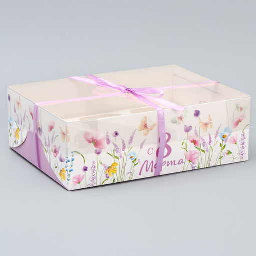 Цена за 5 шт. Коробка для капкейка, кондитерская упаковка, 6 ячеек 8 марта,23?16?7.5 см