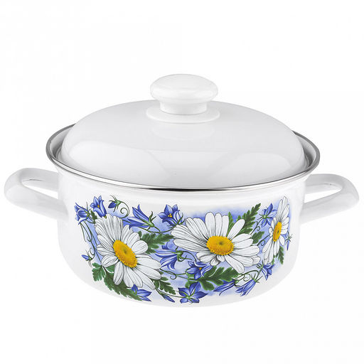 "Ромашковое поле" Кастрюля эмалированная 3,0л, форма цилиндрическая, металлическая крышка с пластмассовой ручкой-кнопкой, нержавеющий ободок (Россия)