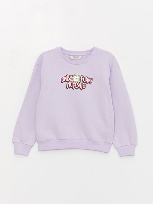 Bisiklet Yaka Bask?l? Uzun Kollu K?z ?ocuk Sweatshirt
