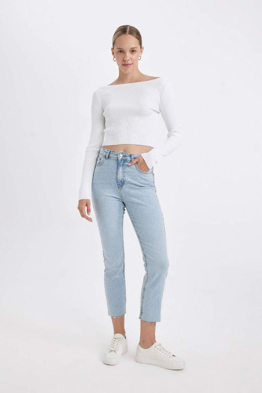 Джинсовые брюки Mary с прямыми штанинами и высокой талией, длиной до щиколотки, потертые - Defacto фото 4