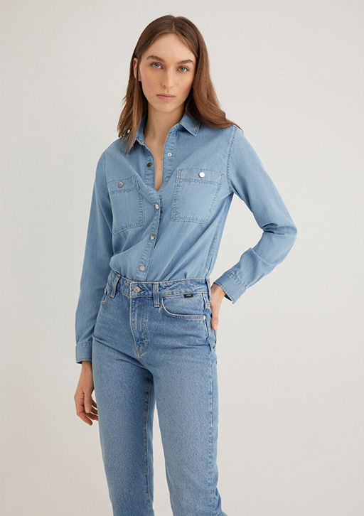 Betty Gold Ac?k Mavi Jean Gomlek