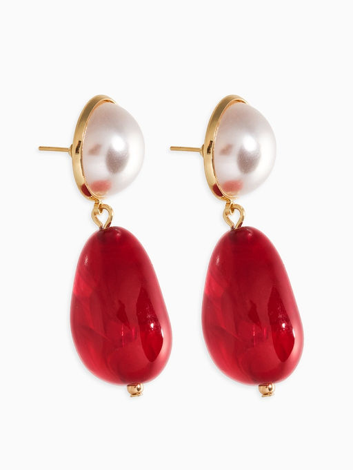 Серьги акрил с жемчугом «Капля», бордово-белые в золоте