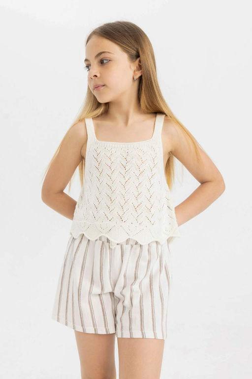 Полосатые шорты для девочек в бумажном пакете - Defacto фото 3