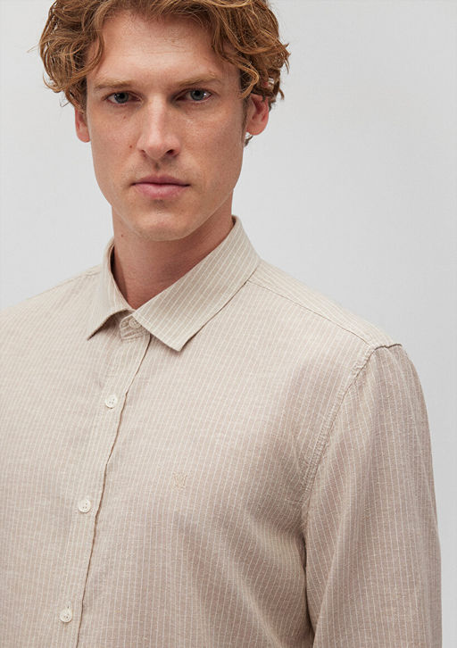 Cizgili Bej Gomlek - Mavi фото 5