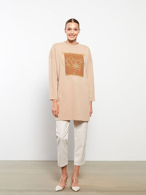 Bisiklet Yaka Bask?l? Uzun Kollu Kad?n Tunik