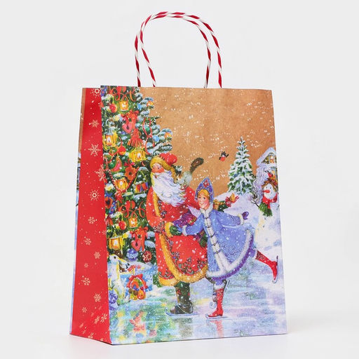 Пакет бумажный подарочный новогодний крафт «Дед мороз и снегурочка» 26×32×12 см