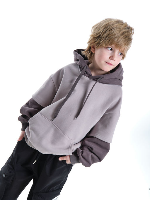 Худи джемпер с начесом с комбинированными рукавами 33-7481 беж/кофе - Mini maxi фото 10