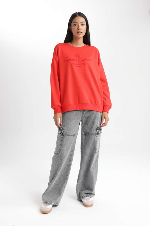 Тонкий свитшот Relax Fit с круглым вырезом - Defacto фото 2