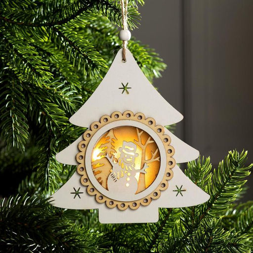 Ёлочная игрушка Ёлочка со снеговиком, 15х14х2 см, 3 LED, от батареек, свечение тёплое белое