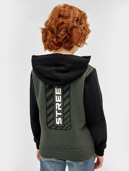 Худи для мальчиков темно-зеленое с принтом на спине, черные рукава и капюшон - Mark formelle фото 3