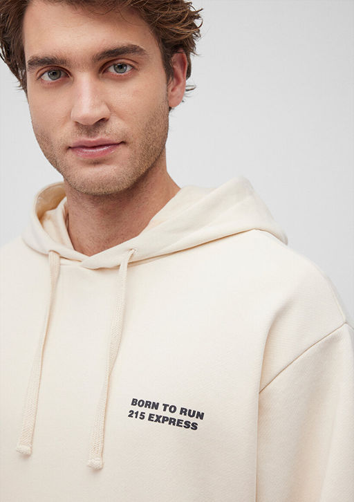 S?rt Bask?l? Kapusonlu Bej Sweatshirt - Mavi фото 5