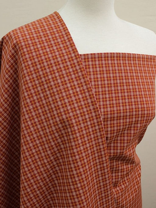 Пестрядь этнографическая под домоткань Желто-белая клетка на терракотовом, ш.1.55м, хлопок-100% - Купава фото 4