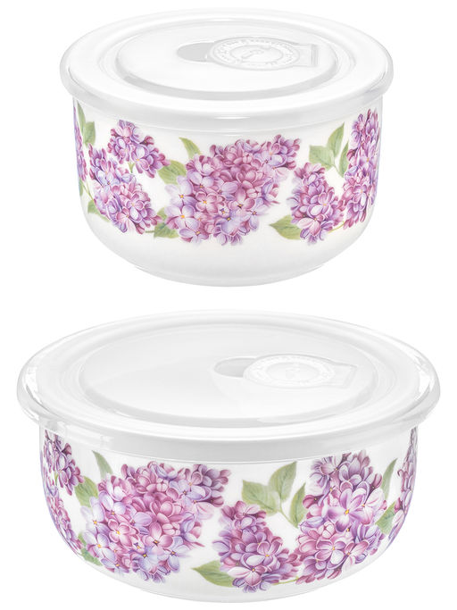Набор салатников 2 пр. 500 мл 13*13*6,5 см+300 мл 10,5*10,5*6,5 см "Сирень" с пл.крыш.NEW BONE CHINA