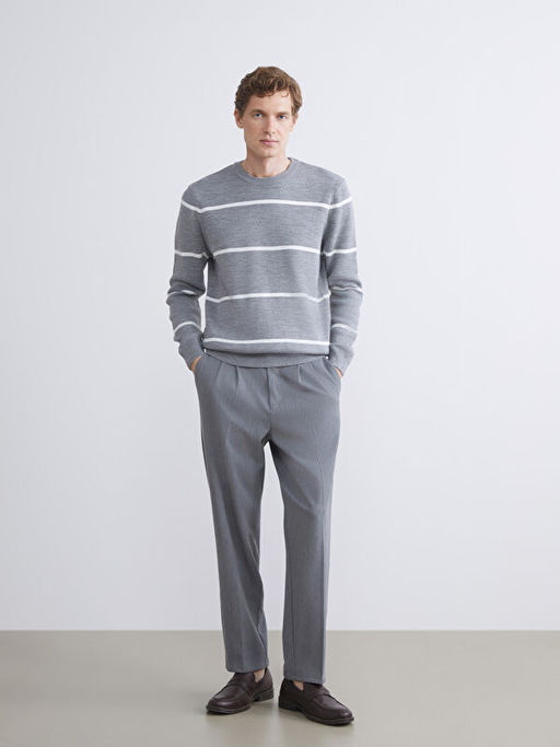 Bisiklet Yaka Uzun Kollu ?izgili Erkek Triko Kazak