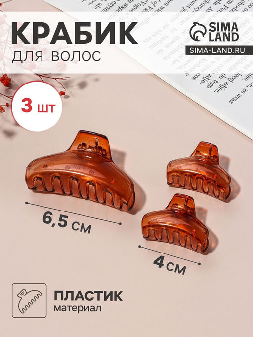 Цена за 6 шт. Крабики для волос «Флориана», набор 3 шт., дуга, 6.5 и 4 см, коричневые