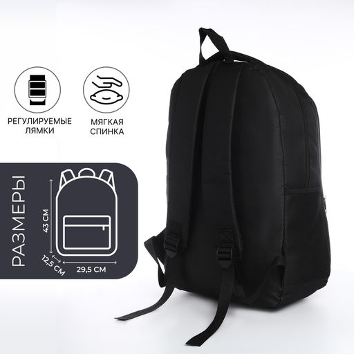Рюкзак школьный на молнии, 4 кармана, размер 29.5×12.5×43 см, чёрный