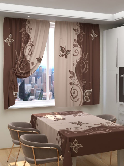 Фотошторы для кухни Мелания шоколад Шторы (Габардин)+Скатерть (145*200) - Ros-decor фото 2