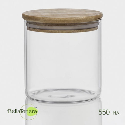 Банка для сыпучих продуктов BellaTenero Эко, 550 мл, 1010.5 см, с бамбуковой крышкой, стекло, прозрачная