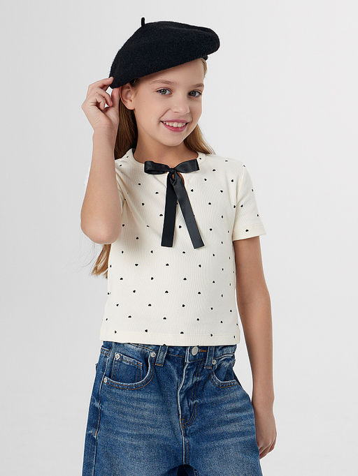 Футболка для девочек бежевая с декоративным бантиком - Mark formelle фото 5