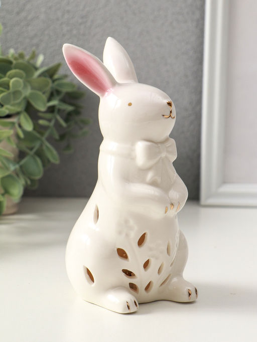 Фигурка светящаяся Зайка с бантом, керамика, белый, 7.5?8?15.5 см