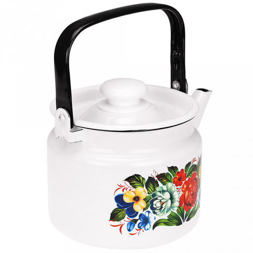 "Татьяна" Чайник эмалированный 2л, д16см, h13см, металлическая крышка с пластмассовой ручкой-кнопкой, металлическая подвижная ручка (Россия)