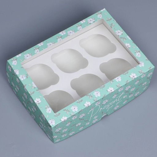 Цена за 5 шт. Коробка для капкейков, кондитерская упаковка с окном, 6 ячеек «Зелёный паттерн», 25 х 17 х 10 см