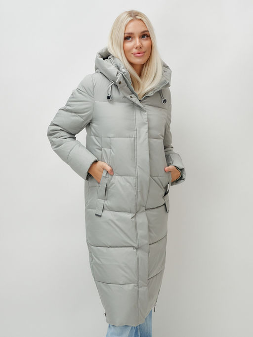 Пальто утепленное стеганное зимнее с капюшоном женское зеленого цвета 9608Z