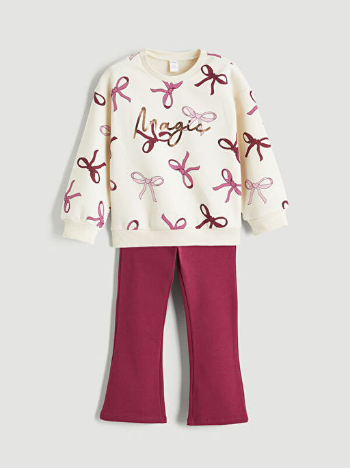Fiyonk Bask?l? K?z ?ocuk Sweatshirt ve Tayt 2li