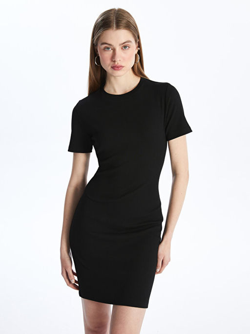 Bisiklet Yaka D?z K?sa Kollu Elbise