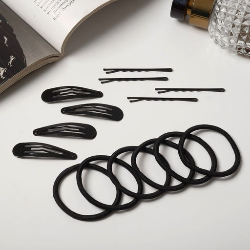 Цена за 6 шт. Набор для волос «Классика люкс», 10 резинок, 4 заколки, 4 невидимки 4.5 см, чёрный