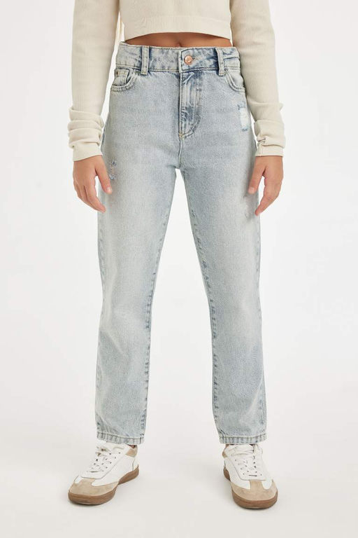 Джинсовые брюки скинни с рваными деталями для мамы для девочек - Defacto фото 6