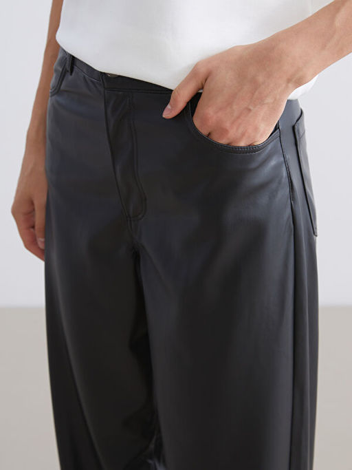 Dar Fit Kad?n Deri G?r?n?ml? Pantolon