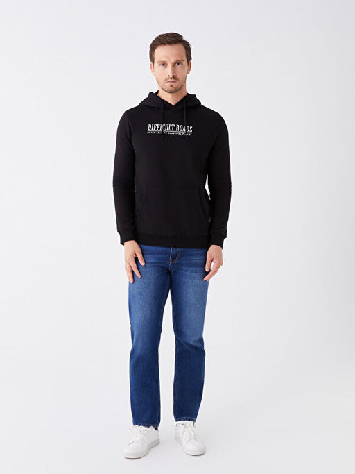 Uzun Kollu Bask?l? Erkek Kal?n Hoodie