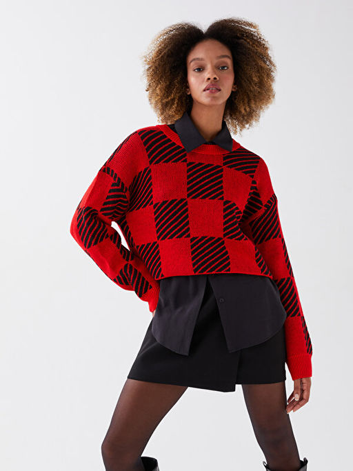 Bisiklet Yaka Desenli Uzun Kollu Kad?n Oversize Triko Kazak