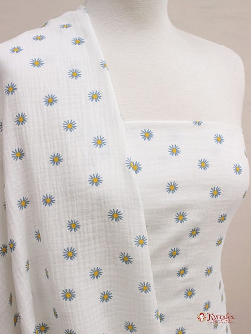 Муслин двухслойный с эф.жатости Ромашки цв.белый, ш.1.35м, хлопок-100%, 110гр/м.кв - Купава фото 2