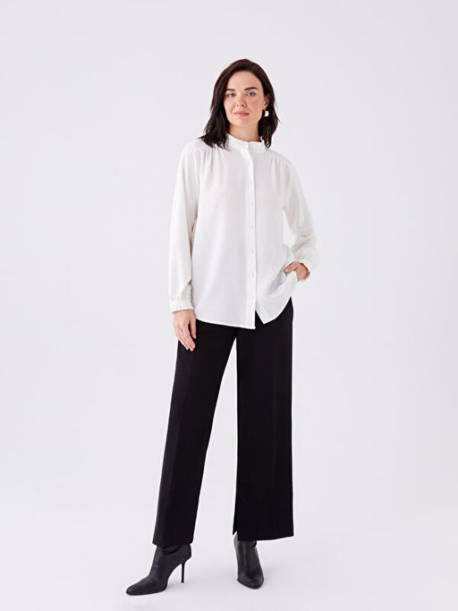 Hakim Yaka D?z Uzun Kollu Keten Kar???ml? Kad?n Tunik