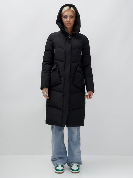 Пальто утепленное стеганное зимнее с капюшоном женское черного цвета 9639Ch - Mtforce фото 6