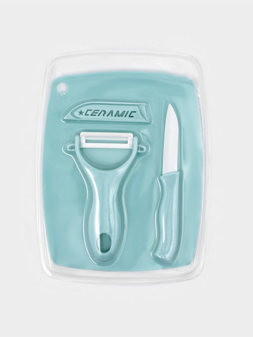 УЦЕНКА Набор "Керамик" 3 предмета: нож 16 см, овощечистка 12 см, доска 19,5х15,5 см, цвет голубой 44