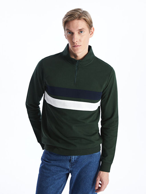 Dik Yaka Uzun Kollu Renk Bloklu Erkek Sweatshirt