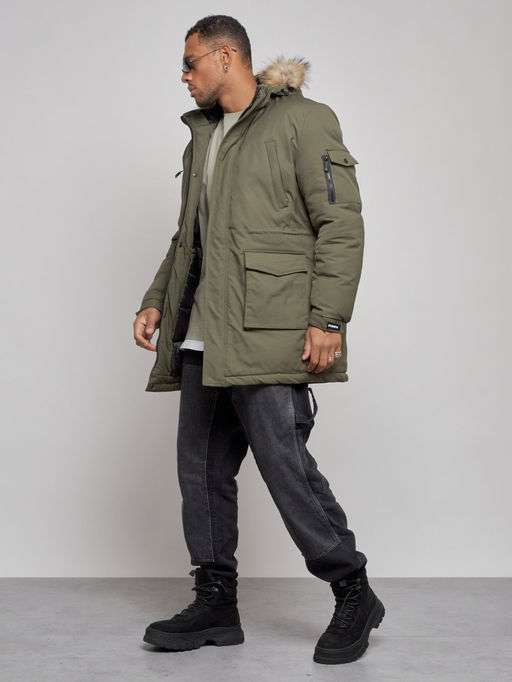 Парка мужская зимняя удлиненная с мехом цвета хаки 8318Kh - Wonderrman фото 3