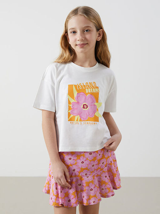 Bisiklet Yaka ?i?ekli K?z ?ocuk Ti??rt ve Etek