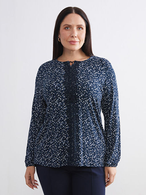 B?y?k Beden Ba?lamal? Yaka Desenli Bluz