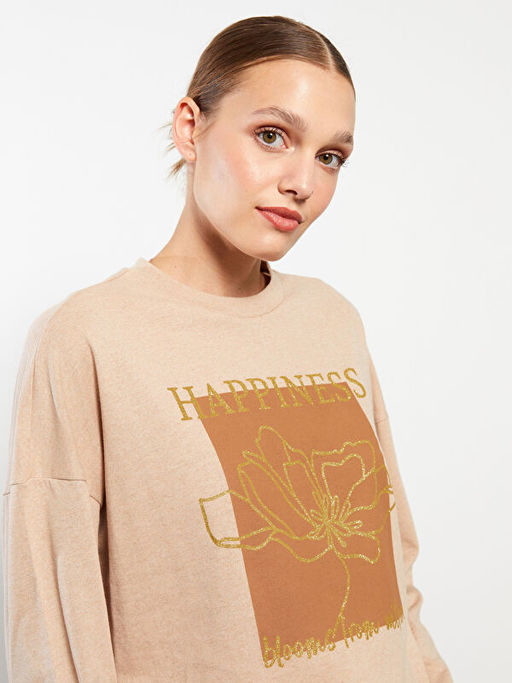 Bisiklet Yaka Bask?l? Uzun Kollu Kad?n Tunik