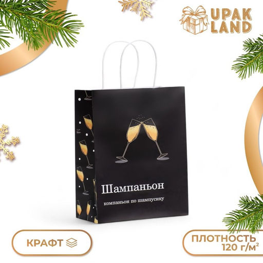 Цена за 2 шт. Пакет бумажный подарочный новогодний крафт, "Шампаньон" , 27 х 21 х 11 см.
