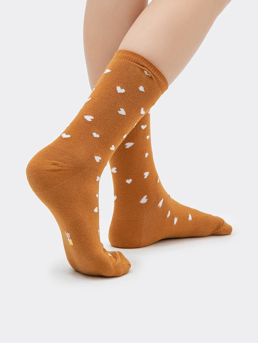 Цена за 5 пар! Высокие детские носки в оттенке кэмел с рисунком в виде сердечек - Mark formelle фото 2